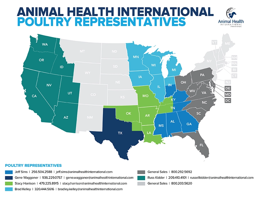 map showing Animal Health International poultry representatives